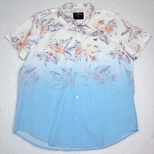 Hollister Men's Floral Blue and White Shirt Pre-Owned Size L
